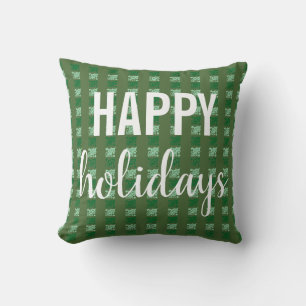 Happy Holidays Green Holly Chequered Cushion