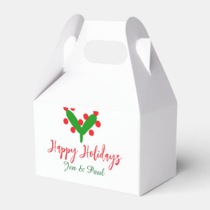 Happy holidays green red couple name green leaf favour box