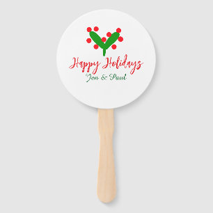 Happy holidays green red couple name green leaf hand fan