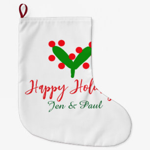 Happy holidays green red couple name green leaf large christmas stocking