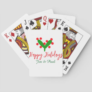 Happy holidays green red couple name green leaf playing cards