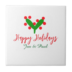 Happy holidays green red couple name green leaf tile