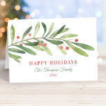 Happy Holidays Green Red Winter Greenery Holiday Card<br><div class="desc">This stylish "Happy Holidays" holiday card features a modern and minimal green watercolor winter branch with red berry accents. The elegant text can be completely personalized with your choice of greeting,  family name,  year,  and a custom message inside the card.</div>