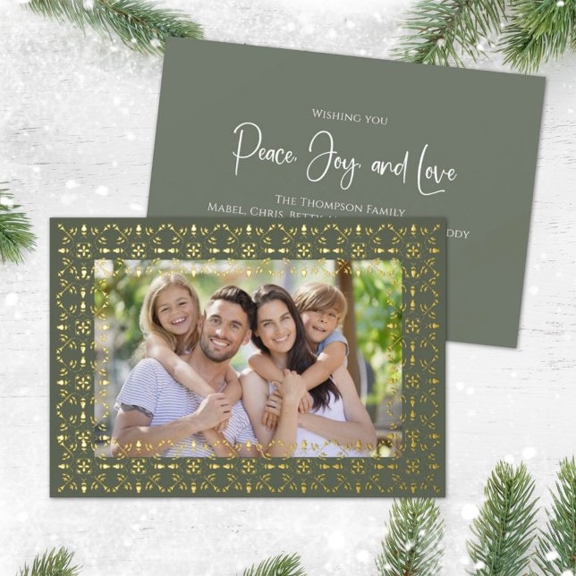 Happy Holidays Green Snowflake Photo Foil Holiday Card (Real gold foil holiday photo card with a one photo template. )
