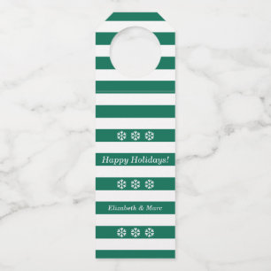 Happy Holidays Green Striped Snowflakes Wine Bottle Tag