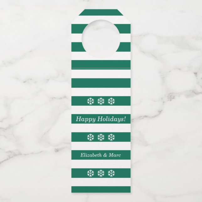 Happy Holidays Green Striped Snowflakes Wine Bottle Tag (Front)