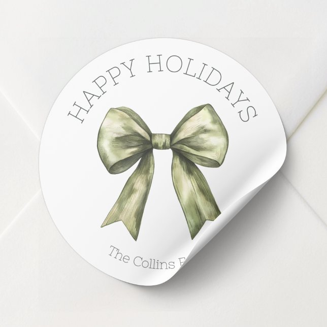 Happy Holidays Green Watercolor Bow Christmas Classic Round Sticker (Happy Holidays Green Watercolor Bow Christmas Classic Round Sticker)
