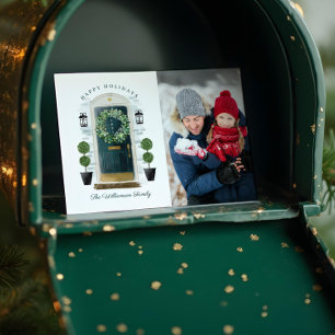 Happy Holidays Green Watercolor Front Door Photo Holiday Card