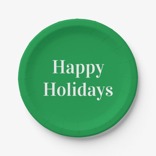 "Happy Holidays" green white Paper Plate (Front)