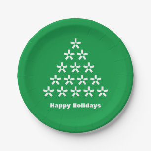 Happy Holidays Green white snow Stars Tree Paper Plate