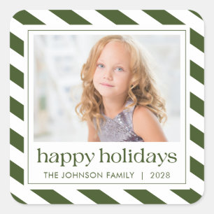 Happy Holidays Green White Stripe Photo Square Sticker