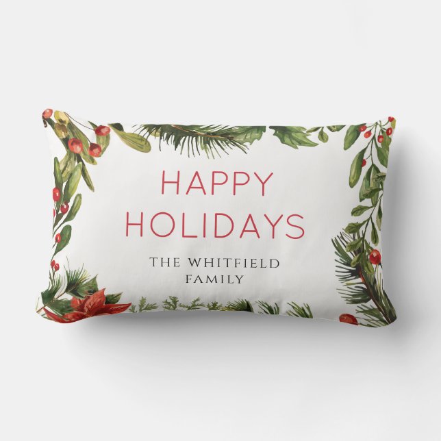 Happy Holidays Greenery Festive Christmas Family Lumbar Cushion (Front)