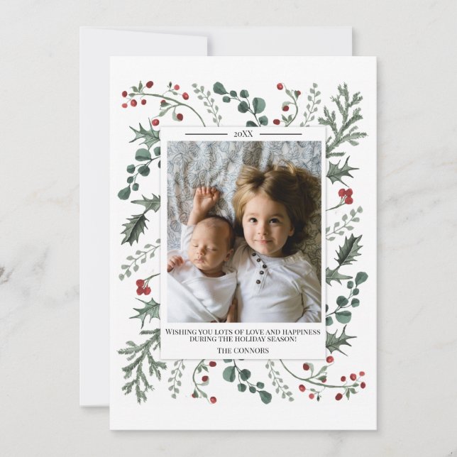 Happy Holidays Greenery & Holly Family Photo Holiday Card (Front)