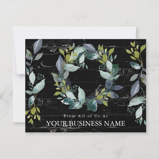 Happy Holidays Greenery Wreath Black Business Holiday Card (Front)
