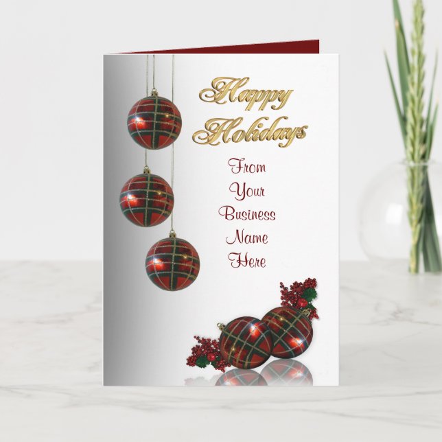 Happy holidays greeting card Plaid ornaments (Front)