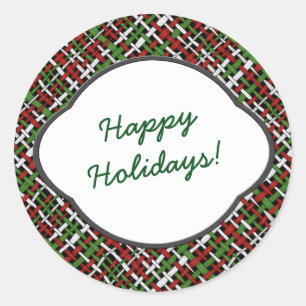 Happy Holidays Greeting on Seasonal Burlap Classic Round Sticker