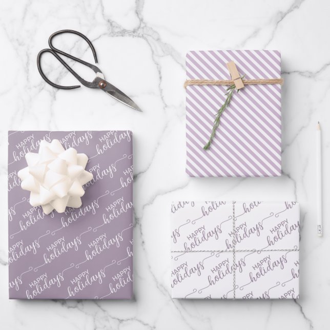 Happy Holidays Greeting Wish On Violet Pink White Wrapping Paper Sheet (Front)