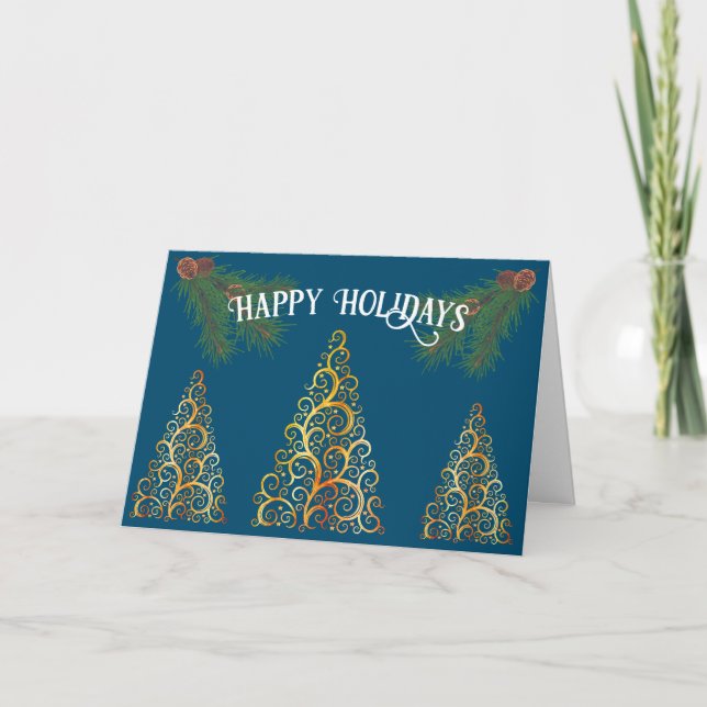 Happy Holidays Gretting Card Trees Gold and Blue (Front)