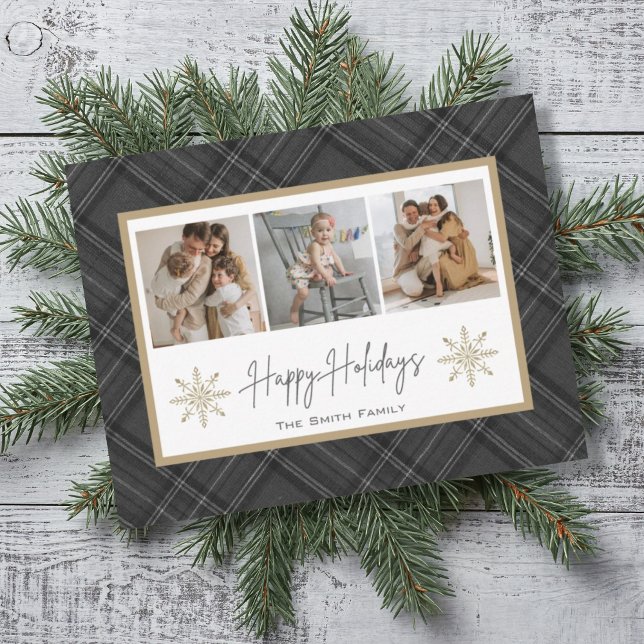 Happy Holidays Grey Black Plaid Snowflake Photo Ho Holiday Card (Creator Uploaded)