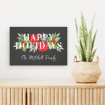 Happy Holidays Grey Christmas Floral Family Name Canvas Print<br><div class="desc">This modern floral typography Christmas doormat features "Happy Holidays" wording framed by an elegant winter floral and greenery watercolor design. Includes holly leaves and berries, poinsettia flowers, and leafy branches. Personalise the script text with your family's last name or other custom text. Dark charcoal grey background with red, green, and...</div>