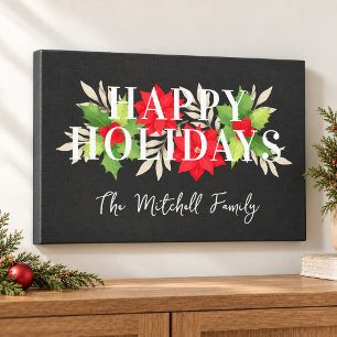 Happy Holidays Grey Holly Family Name Christmas Canvas Print