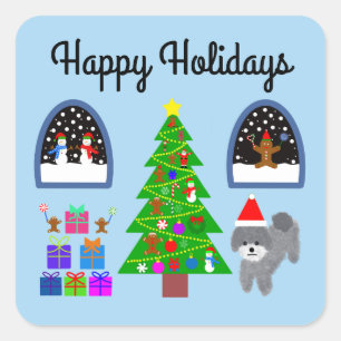 Happy Holidays Grey Poodle Christmas #4-2 Stickers