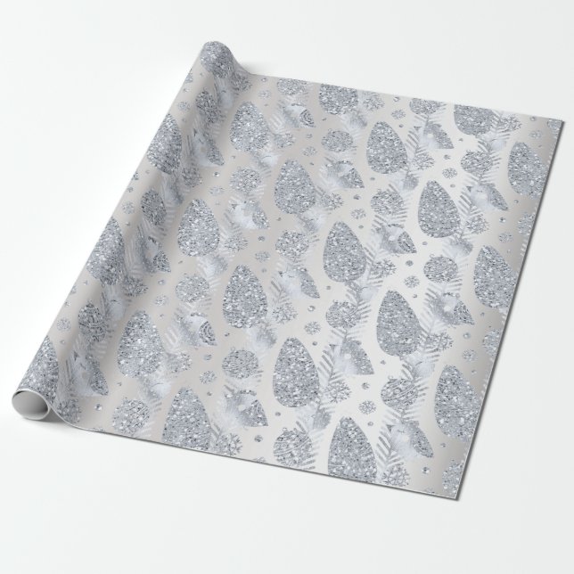 Happy Holidays Grey Silver Glitter White Ball Bird Wrapping Paper (Unrolled)