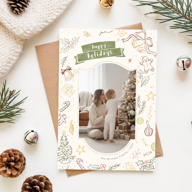 Happy Holidays Hand Drawn Family Christmas Photo Holiday Card (Creator Uploaded)