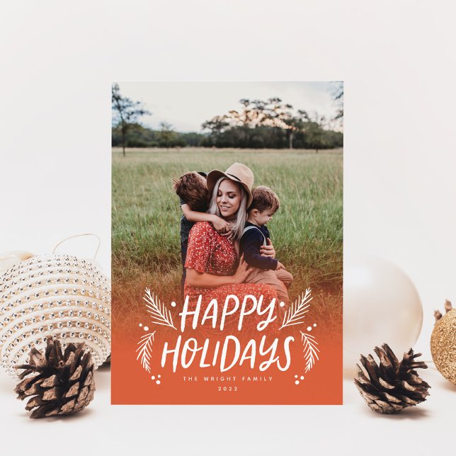 Happy Holidays Hand drawn Pine Berries Photo Red Holiday Card (Creator Uploaded)