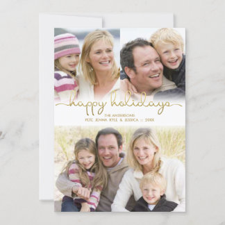 Happy Holidays Hand Lettered Gold Photo Collage Holiday Card