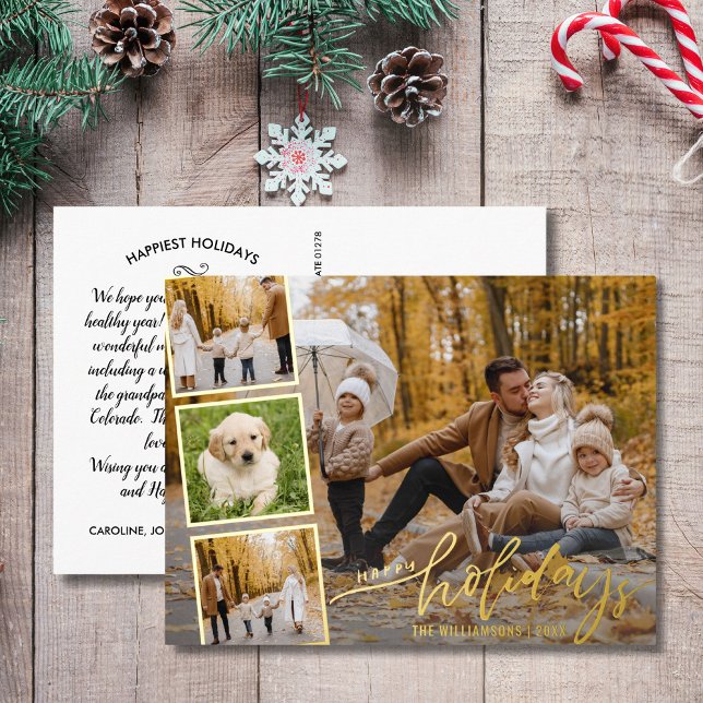Happy Holidays Hand Lettered Photo Collage Gold Foil Holiday Postcard (Creator Uploaded)
