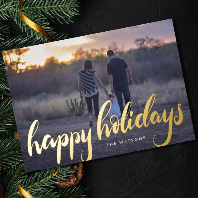 happy holidays hand lettering gold overlay photo foil holiday card (Creator Uploaded)