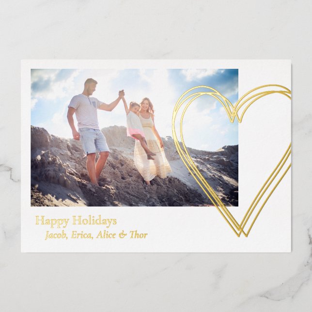 Happy Holidays Heart 3 Photo Minimalist Gold Foil Holiday Card (Front)
