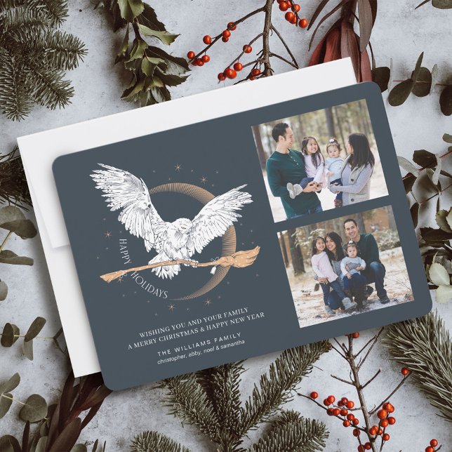 Happy Holidays Hedwig Delivery | Family Photo Card (Card on table)