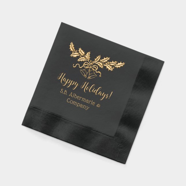 Happy Holidays Holly and Bells Company Family Name Foil Napkins (Left)