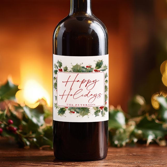 Happy Holidays Holly Berries Christmas Wine Label (Happy Holidays Holly Berries Christmas Wine Label)