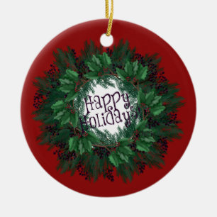 Happy Holidays! Holly Berries Christmas Wreath Ceramic Tree Decoration