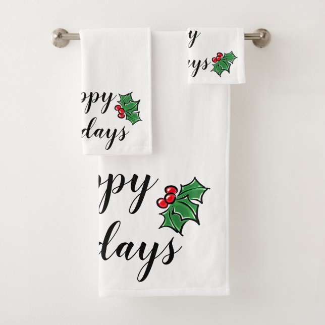 Happy Holidays Holly berries leaves greenery Bath Towel Set (Insitu)