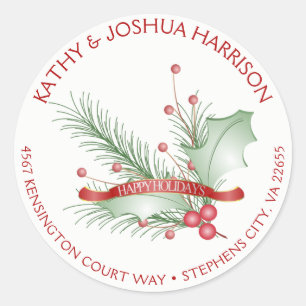 Happy Holidays Holly Berries Pine Round Address   Classic Round Sticker