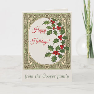 Happy Holidays Holly Berry Art Nouveau Christmas Card