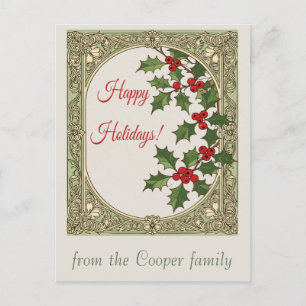 Happy Holidays Holly Berry Art Nouveau Christmas Postcard