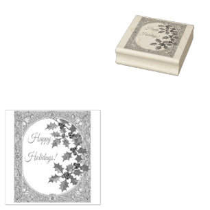 Happy Holidays Holly Berry Art Nouveau Christmas Rubber Stamp