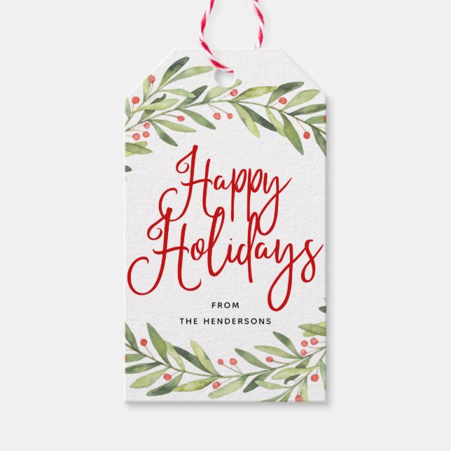 Happy Holidays Holly Christmas Holiday Gift Tag (Front)