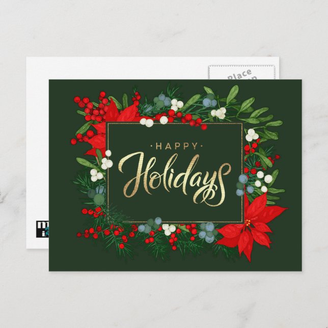 Happy Holidays. Holly, Mistletoe and Poinsettia Holiday Postcard (Front/Back)