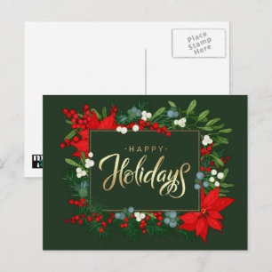 Happy Holidays. Holly, Mistletoe and Poinsettia Holiday Postcard