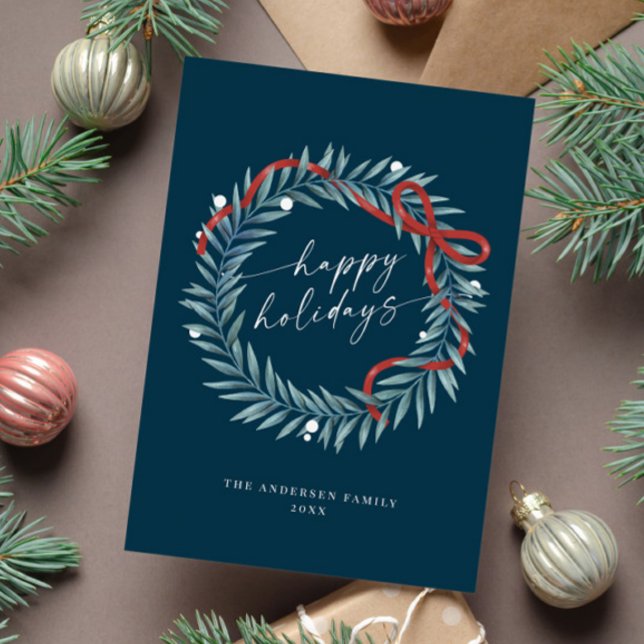 Happy Holidays Holly Ribbon Wreath Christmas Card (Creator Uploaded)