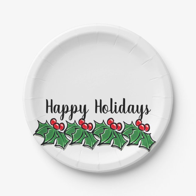 Happy Holidays Holly Sprigs, Christmas greenery Paper Plate (Front)