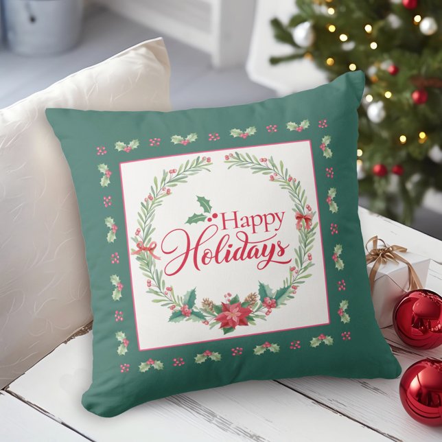 Happy Holidays Holly Wreath Christmas Throw Pillow (Creator Uploaded)