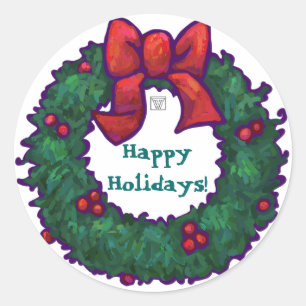 Happy Holidays Holly Wreath Classic Round Sticker