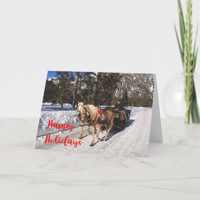 Happy Holidays Horses Sled Snowy Photo Card (Front)